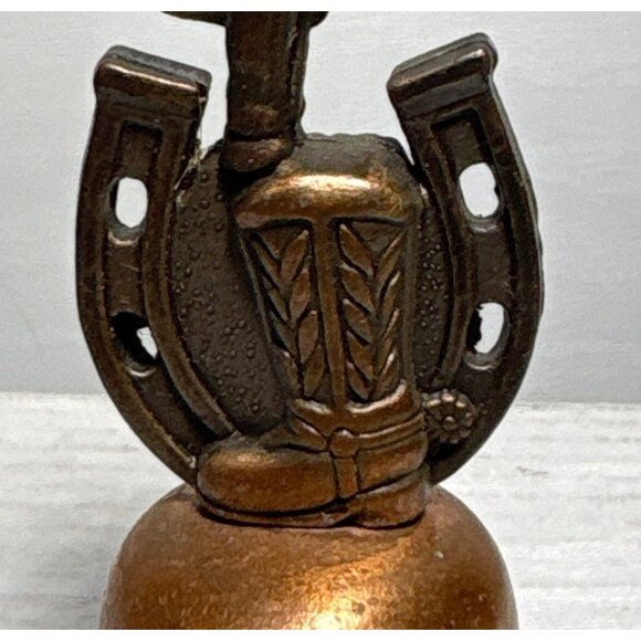 Vintage Wyoming Souvenir Copper Bell With Cowboy & Bucking Horse Horseshoe - Picture 4 of 7